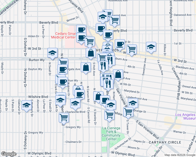 map of restaurants, bars, coffee shops, grocery stores, and more near 8601 Clifton Way in Beverly Hills