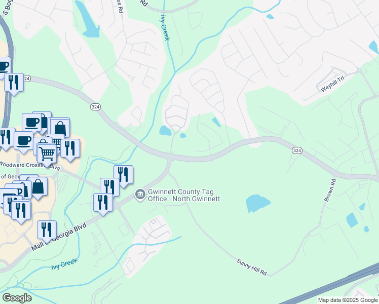 map of restaurants, bars, coffee shops, grocery stores, and more near 3053 Georgia 324 in Buford
