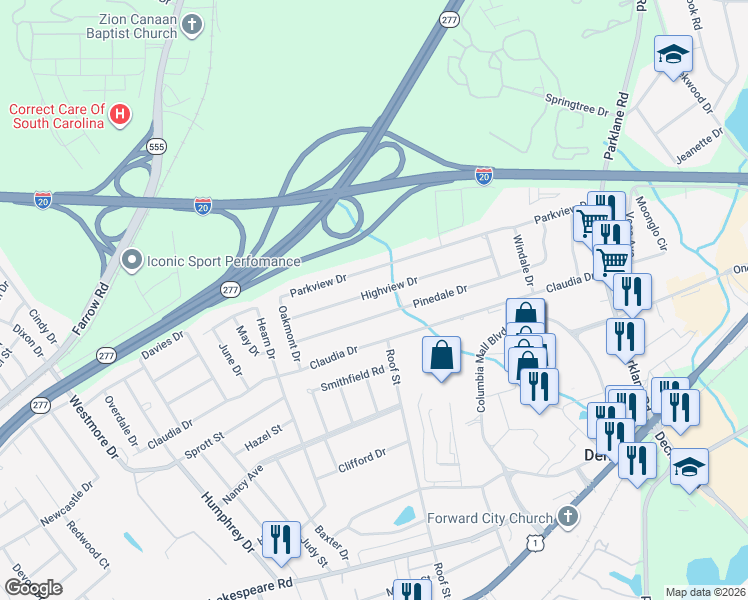 map of restaurants, bars, coffee shops, grocery stores, and more near 7340 Highview Drive in Columbia