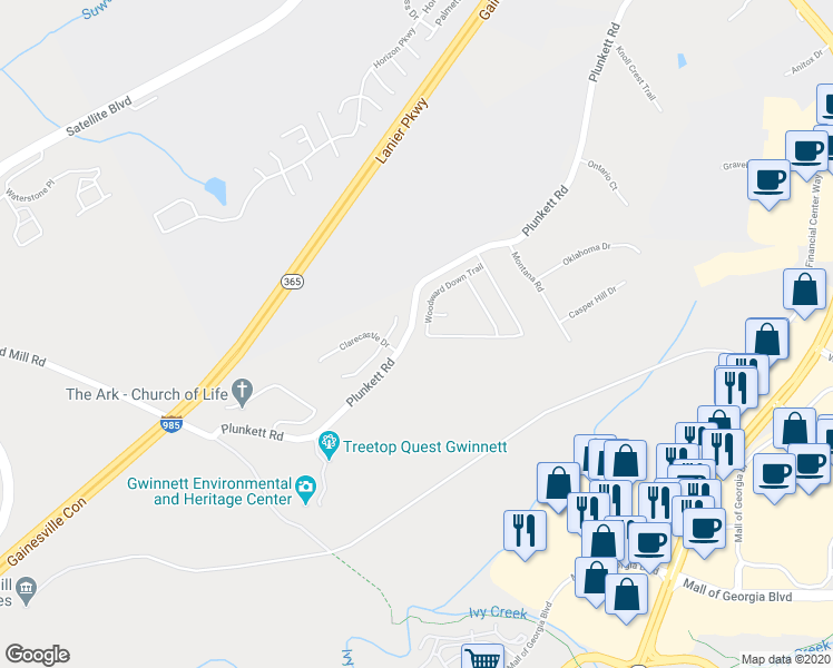 map of restaurants, bars, coffee shops, grocery stores, and more near 2929 Woodward Down Trail in Buford