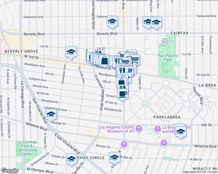 map of restaurants, bars, coffee shops, grocery stores, and more near 6359 Colgate Avenue in Los Angeles