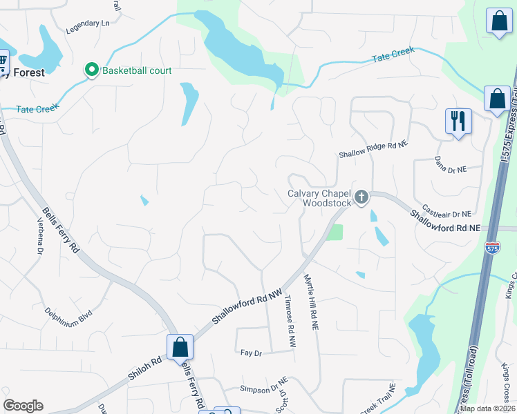 map of restaurants, bars, coffee shops, grocery stores, and more near 4851 Ridgewood Creek Drive Northwest in Acworth