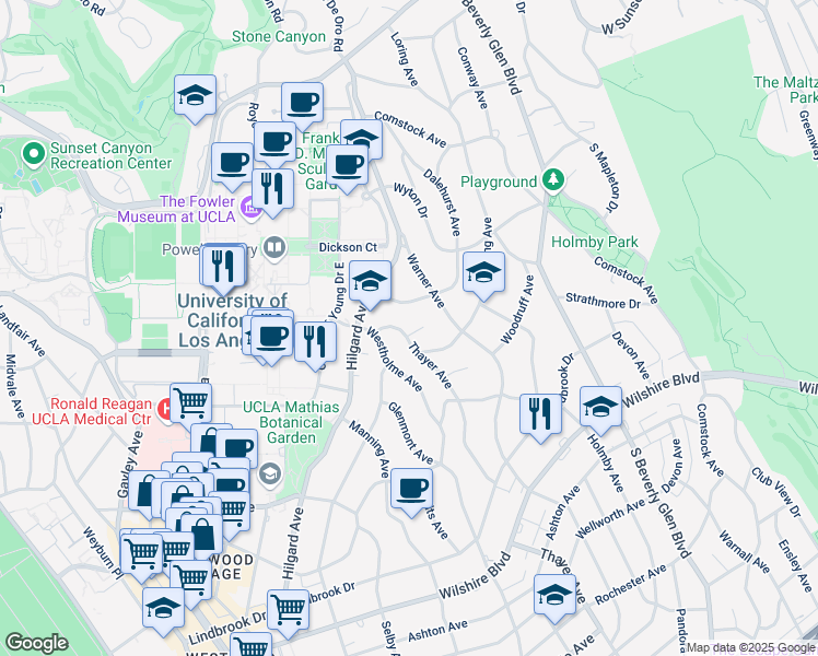 map of restaurants, bars, coffee shops, grocery stores, and more near 654 Thayer Avenue in Los Angeles