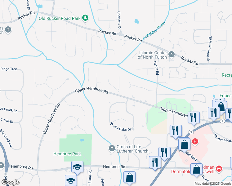 map of restaurants, bars, coffee shops, grocery stores, and more near 929 Upper Hembree Road in Roswell
