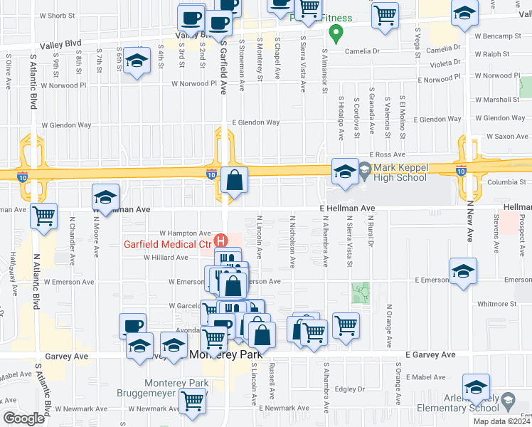 map of restaurants, bars, coffee shops, grocery stores, and more near 202 East Hellman Avenue in Monterey Park