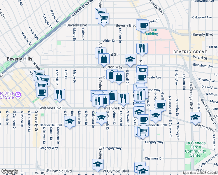 map of restaurants, bars, coffee shops, grocery stores, and more near 208 North Wetherly Drive in Beverly Hills