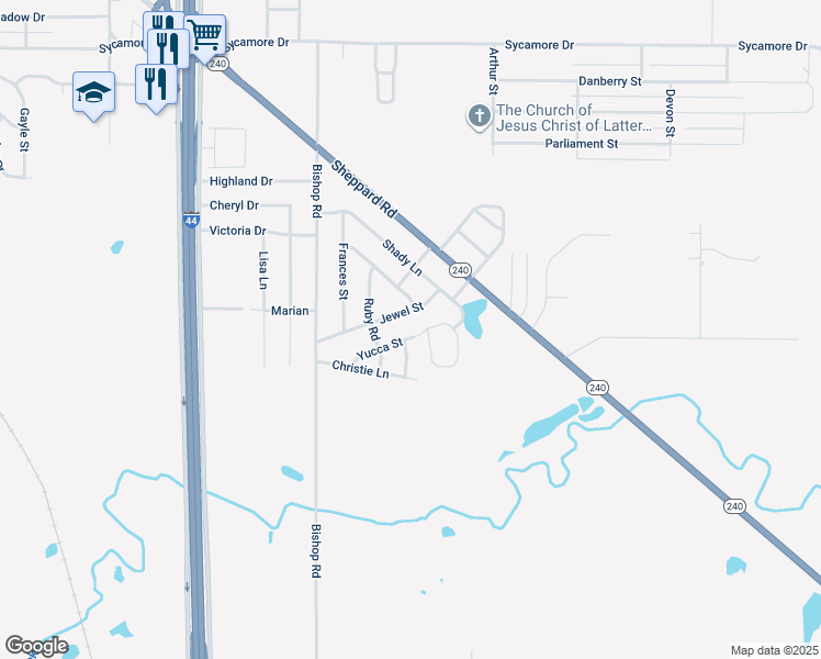 map of restaurants, bars, coffee shops, grocery stores, and more near 1010 Yucca Street in Burkburnett