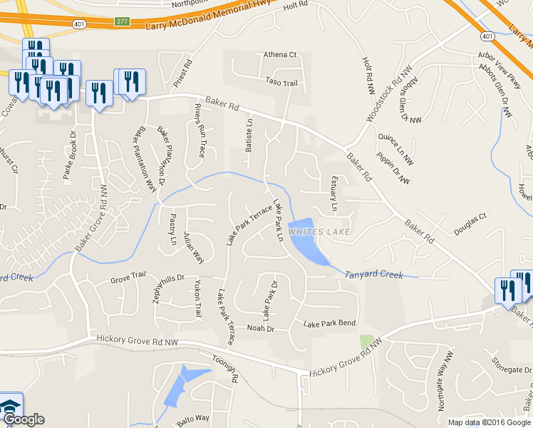 map of restaurants, bars, coffee shops, grocery stores, and more near 4856 Lake Park Terrace in Acworth