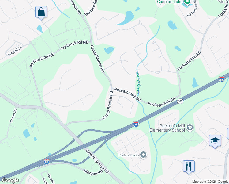 map of restaurants, bars, coffee shops, grocery stores, and more near 2792 Springbluff Lane in Buford