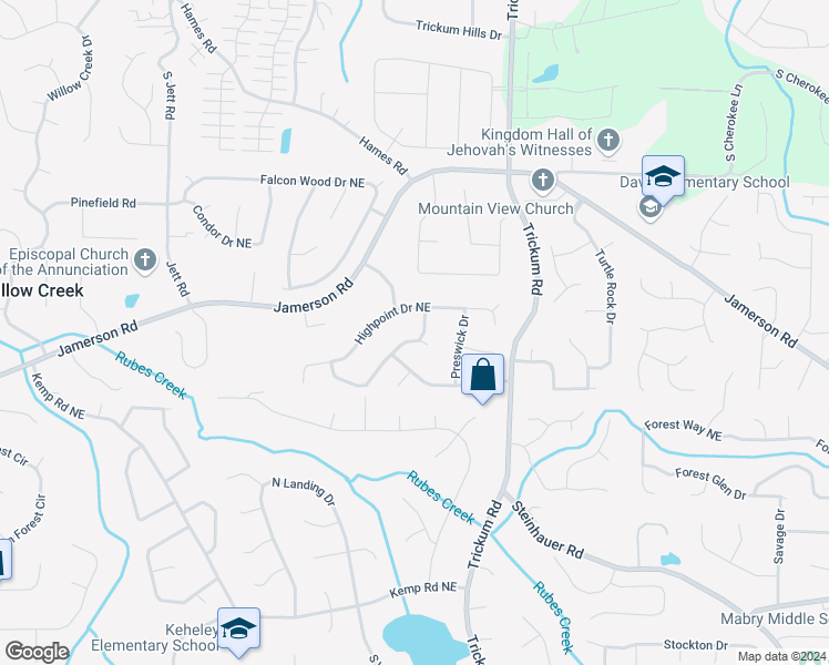map of restaurants, bars, coffee shops, grocery stores, and more near 4817 Woodspring Drive Northeast in Marietta