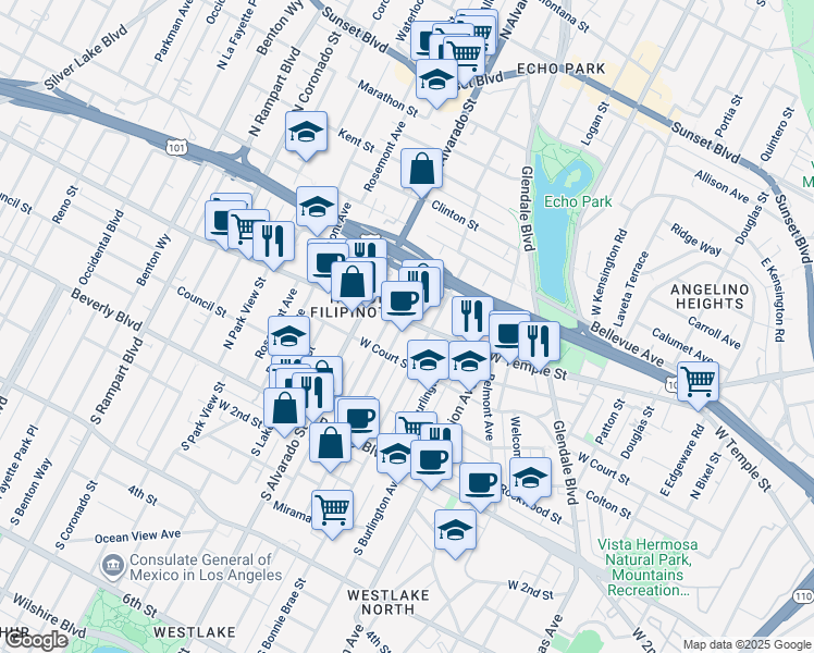map of restaurants, bars, coffee shops, grocery stores, and more near 330 North Westlake Avenue in Los Angeles
