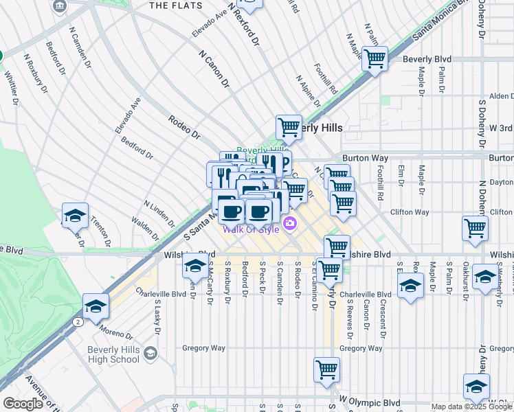 map of restaurants, bars, coffee shops, grocery stores, and more near 421 North Rodeo Drive in Beverly Hills