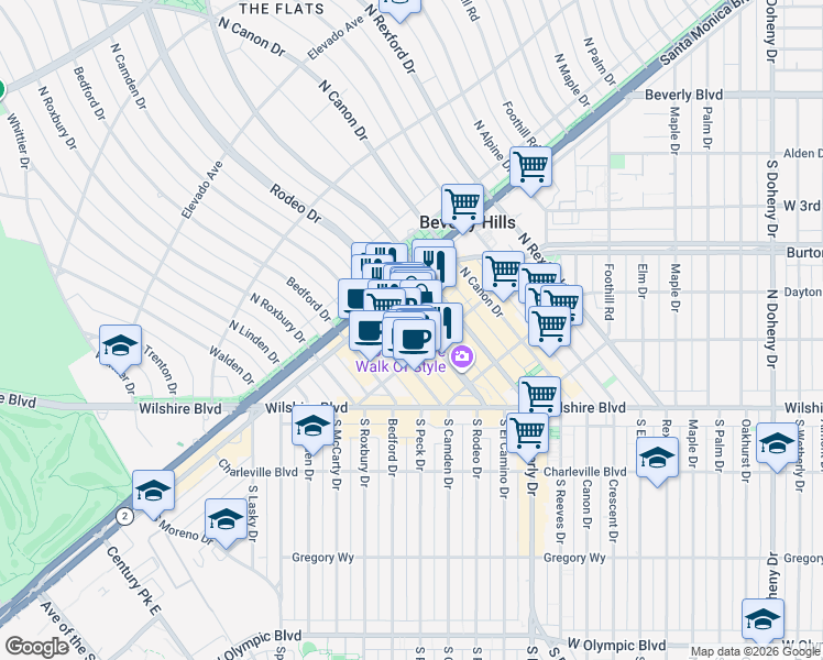 map of restaurants, bars, coffee shops, grocery stores, and more near 421 North Rodeo Drive in Beverly Hills