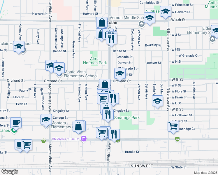 map of restaurants, bars, coffee shops, grocery stores, and more near 10144 Central Avenue in Montclair