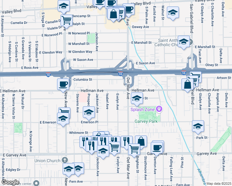 map of restaurants, bars, coffee shops, grocery stores, and more near 3351 Evelyn Avenue in Rosemead
