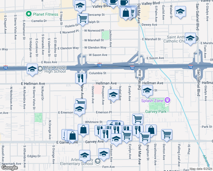 map of restaurants, bars, coffee shops, grocery stores, and more near 7562 Hellman Avenue in Rosemead