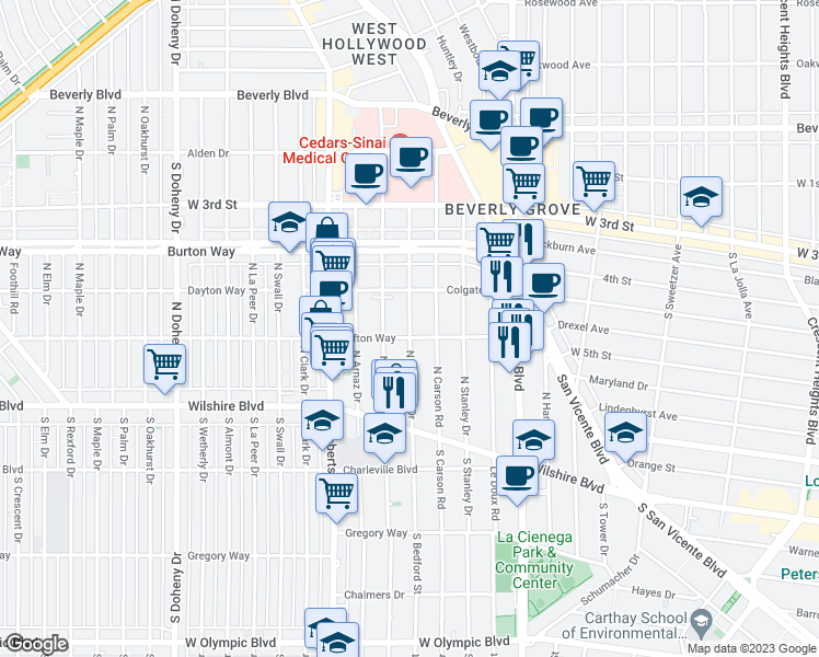 map of restaurants, bars, coffee shops, grocery stores, and more near 488 South Willaman Drive in Los Angeles