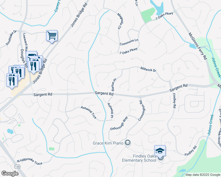 map of restaurants, bars, coffee shops, grocery stores, and more near 205 Barton Place in Alpharetta