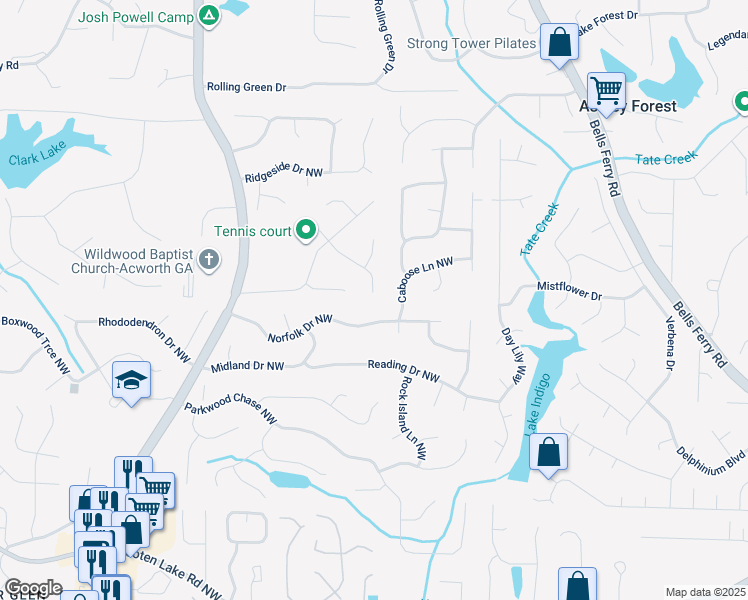 map of restaurants, bars, coffee shops, grocery stores, and more near 1343 Summit Lane Northwest in Acworth