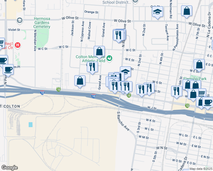map of restaurants, bars, coffee shops, grocery stores, and more near 868 West H Street in Colton