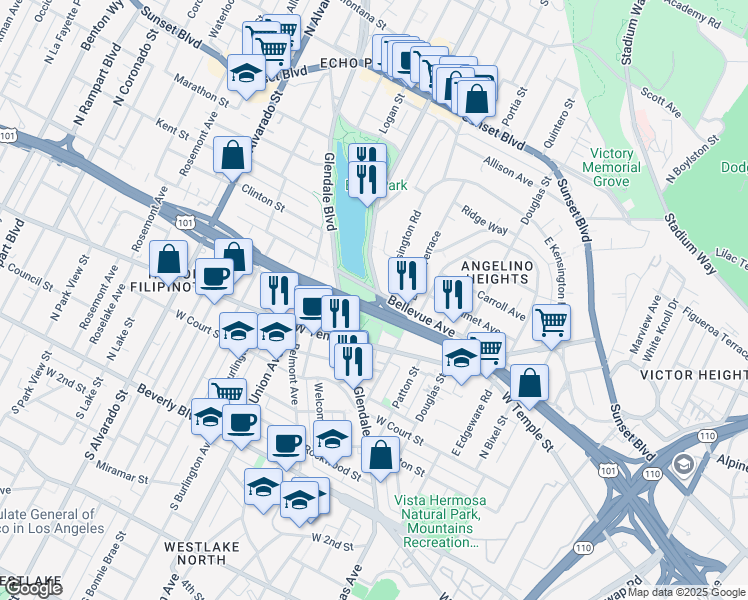 map of restaurants, bars, coffee shops, grocery stores, and more near 751 Echo Park Terrace in Los Angeles