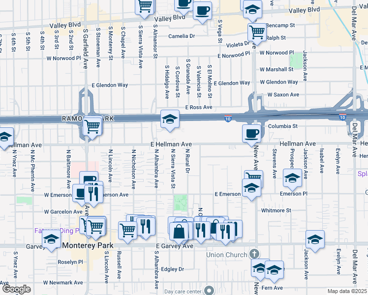 map of restaurants, bars, coffee shops, grocery stores, and more near 629 North Rural Drive in Monterey Park