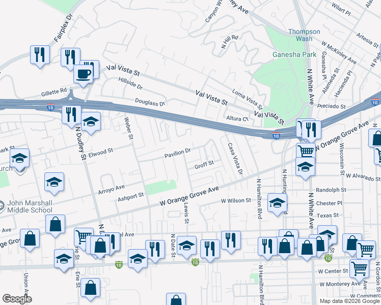 map of restaurants, bars, coffee shops, grocery stores, and more near 1385 Estel Drive in Pomona