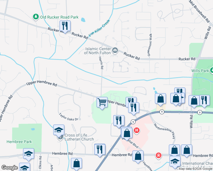 map of restaurants, bars, coffee shops, grocery stores, and more near 4205 Harris Ridge Court in Roswell