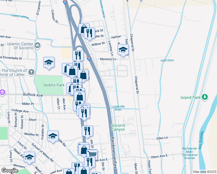 map of restaurants, bars, coffee shops, grocery stores, and more near 404 Eastwood Loop in Socorro