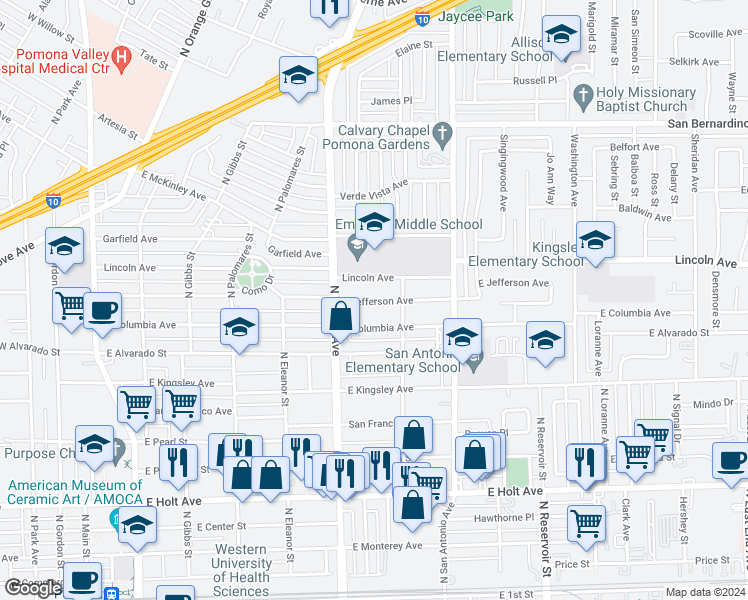 map of restaurants, bars, coffee shops, grocery stores, and more near 688 East Jefferson Avenue in Pomona