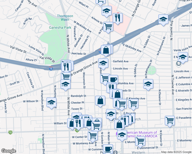 map of restaurants, bars, coffee shops, grocery stores, and more near 1176 North Park Avenue in Pomona