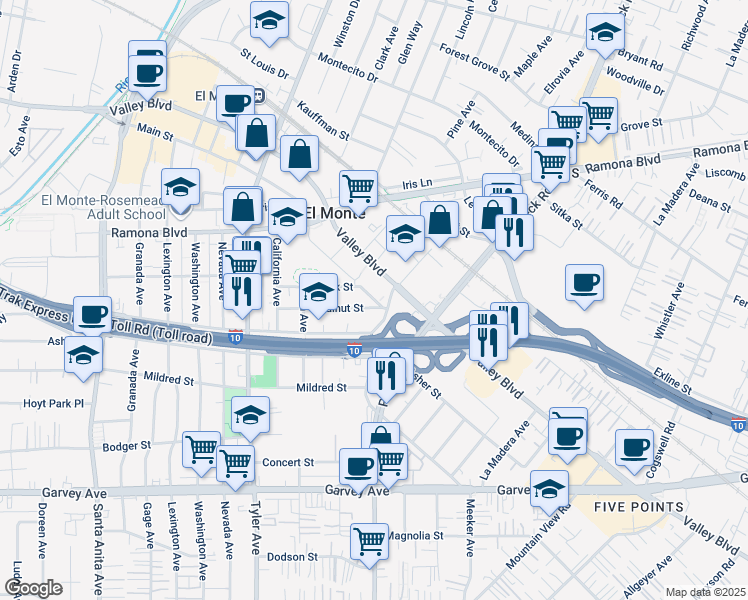 map of restaurants, bars, coffee shops, grocery stores, and more near in El Monte