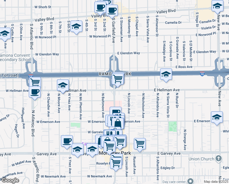 map of restaurants, bars, coffee shops, grocery stores, and more near 631 North Garfield Avenue in Monterey Park