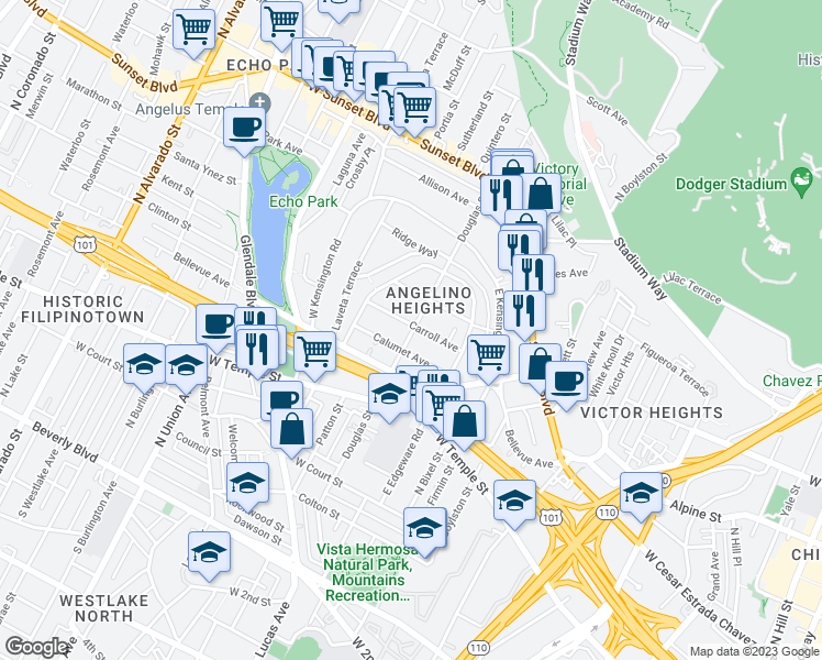map of restaurants, bars, coffee shops, grocery stores, and more near 715 Douglas Street in Los Angeles