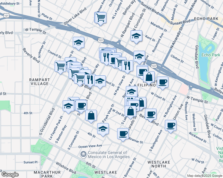 map of restaurants, bars, coffee shops, grocery stores, and more near 141 North Park View Street in Los Angeles