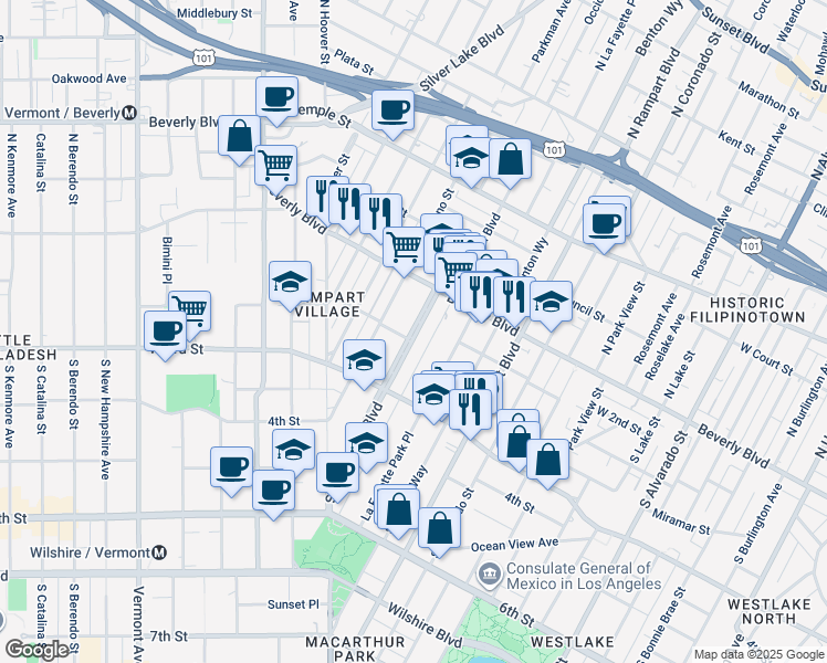 map of restaurants, bars, coffee shops, grocery stores, and more near 145 South Occidental Boulevard in Los Angeles