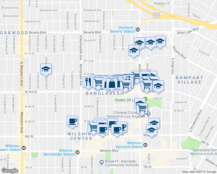 map of restaurants, bars, coffee shops, grocery stores, and more near 255 South Catalina Street in Los Angeles
