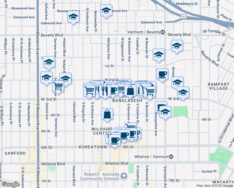 map of restaurants, bars, coffee shops, grocery stores, and more near 260 South Mariposa Avenue in Los Angeles