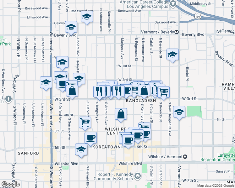 map of restaurants, bars, coffee shops, grocery stores, and more near 254 Normandie Avenue in Los Angeles