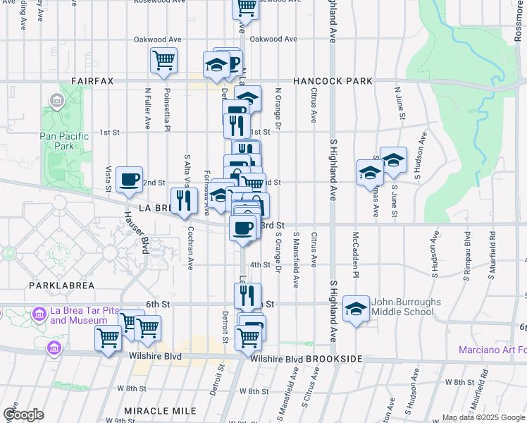map of restaurants, bars, coffee shops, grocery stores, and more near 248 South Sycamore Avenue in Los Angeles
