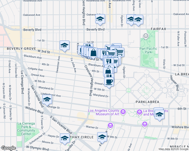 map of restaurants, bars, coffee shops, grocery stores, and more near 6359 Colgate Avenue in Los Angeles