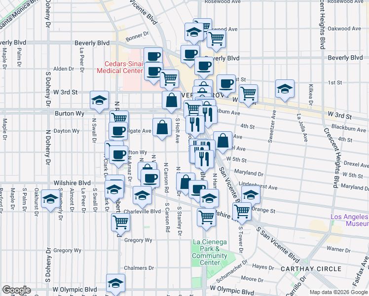 map of restaurants, bars, coffee shops, grocery stores, and more near 8601 Clifton Way in Beverly Hills