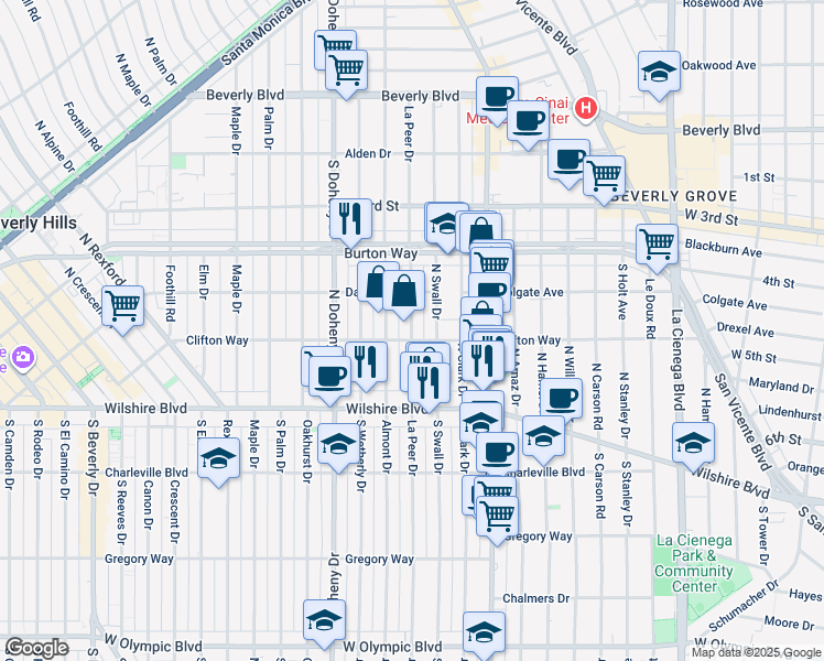 map of restaurants, bars, coffee shops, grocery stores, and more near 207 North Swall Drive in Beverly Hills