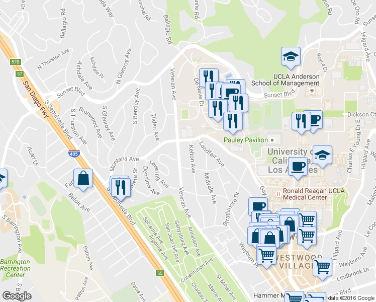 map of restaurants, bars, coffee shops, grocery stores, and more near 430 Kelton Avenue in Los Angeles