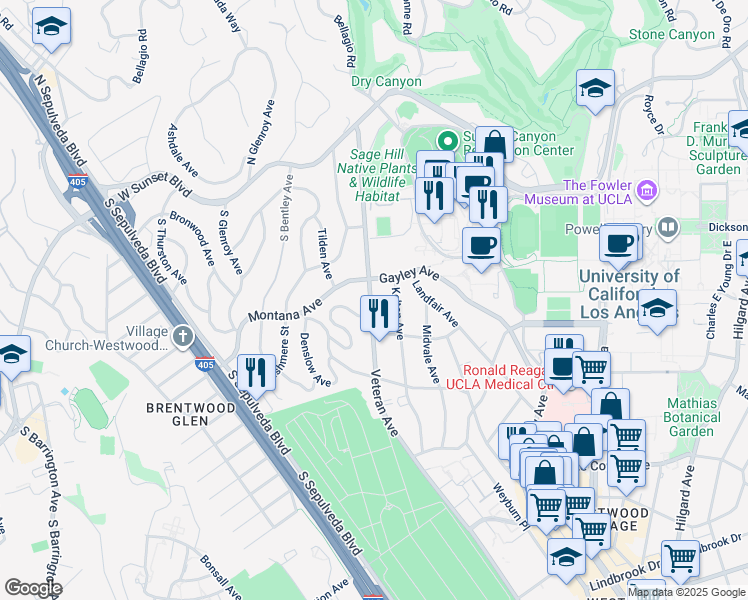 map of restaurants, bars, coffee shops, grocery stores, and more near 423 1/2 Veteran Avenue in Los Angeles