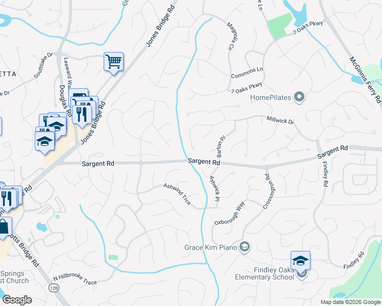map of restaurants, bars, coffee shops, grocery stores, and more near 5535 Millwick Drive in Alpharetta