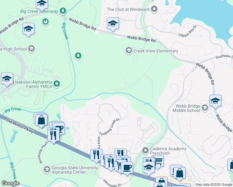 map of restaurants, bars, coffee shops, grocery stores, and more near 4111 Big Creek Overlook in Alpharetta