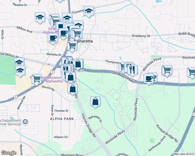 map of restaurants, bars, coffee shops, grocery stores, and more near 219 Phillips Lane in Alpharetta