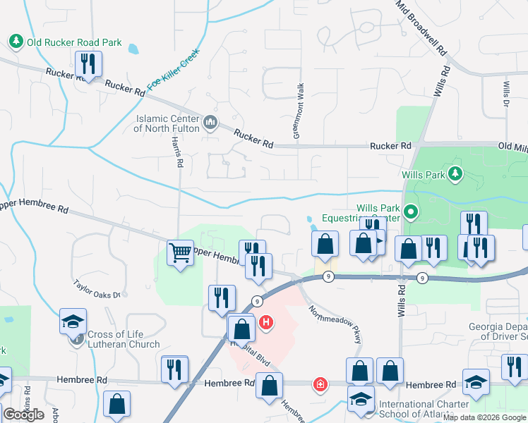 map of restaurants, bars, coffee shops, grocery stores, and more near 4235 Harris Ridge Court in Roswell