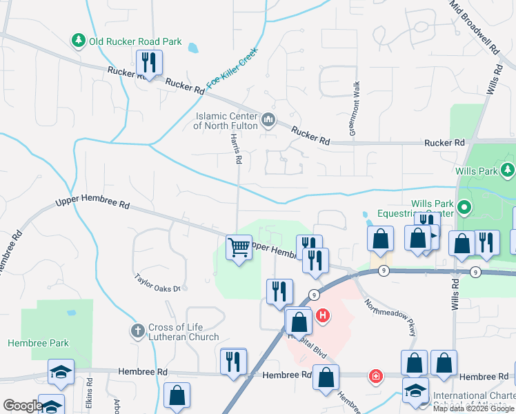 map of restaurants, bars, coffee shops, grocery stores, and more near 4211 Harris Ridge Court in Roswell
